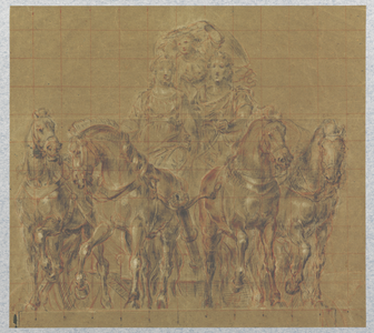 32536 Afbeelding van een zegekar met vier paarden op een erepoort, op te richten voor het bezoek van kroonprins Willem ...